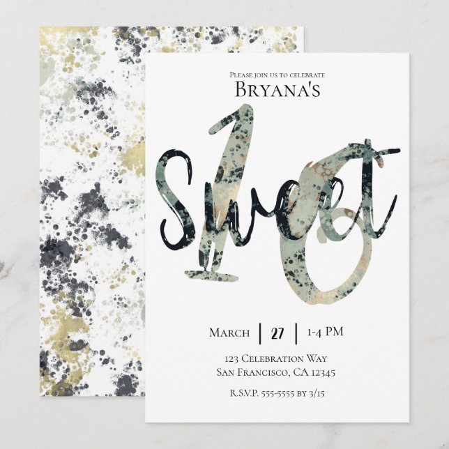 Invitación Fiesta de Cumpleaños Sweet 16 Moderna Negro Gris D (Anverso / Reverso)