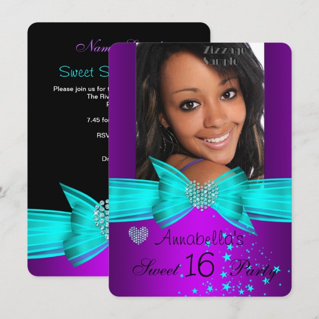 Invitación Fiesta de Cumpleaños Sweet 16 Morado Turquesa Diam (Anverso / Reverso)