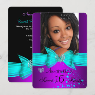 Invitación Fiesta de Cumpleaños Sweet 16 Morado Turquesa Diam