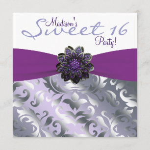 Invitación Fiesta de cumpleaños Sweet 16 morado y gris