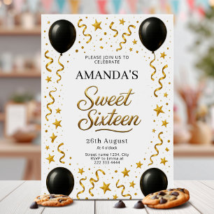Invitación Fiesta de cumpleaños Sweet 16 negra y dorada
