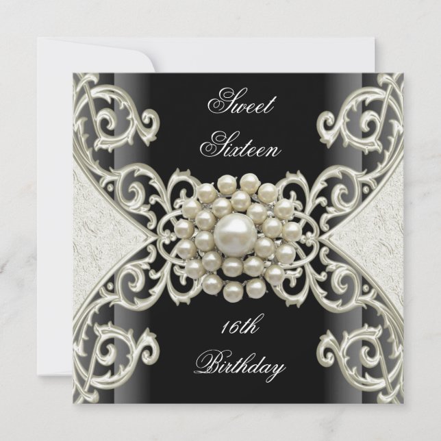 Invitación Fiesta de cumpleaños Sweet 16 perla negra blanca c (Anverso)