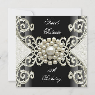 Invitación Fiesta de cumpleaños Sweet 16 perla negra blanca c