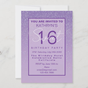 Invitación Fiesta de cumpleaños Sweet 16 púrpura