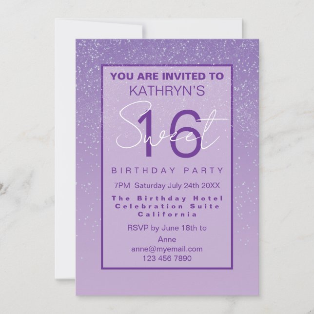 Invitación Fiesta de cumpleaños Sweet 16 púrpura (Anverso)