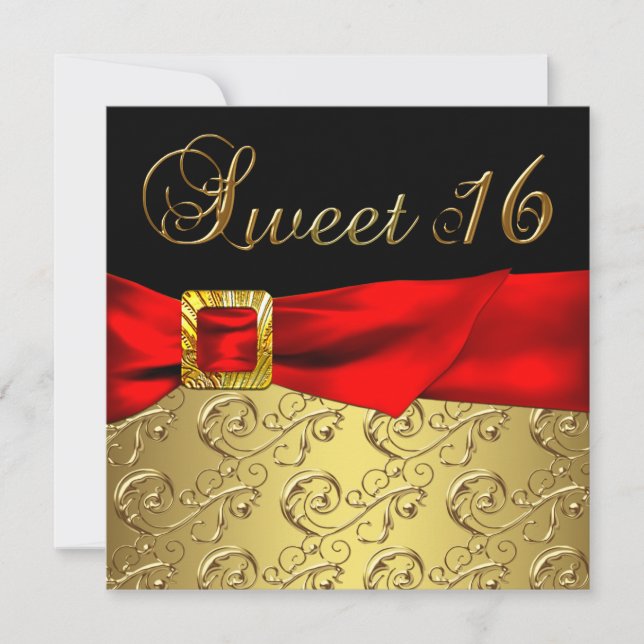 Invitación Fiesta de cumpleaños Sweet 16 Rojo Negro Oro (Anverso)