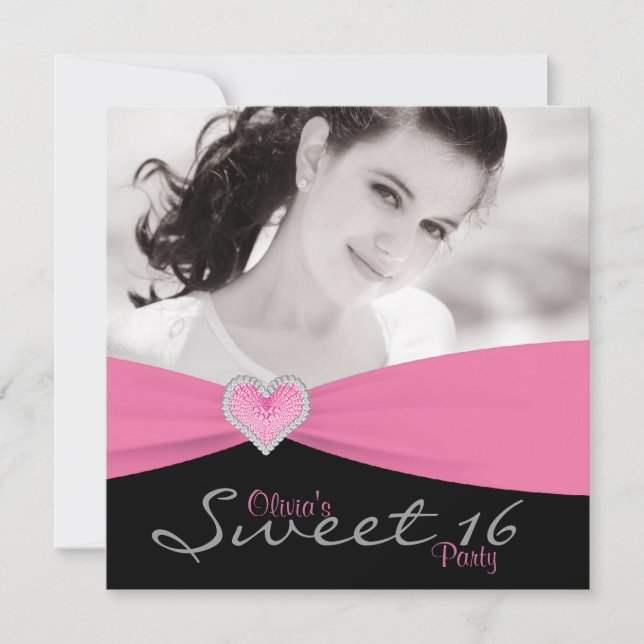 Invitación Fiesta de cumpleaños Sweet 16 rosa negro (Anverso)