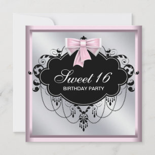 Invitación Fiesta de Cumpleaños Sweet 16 Rosa y Negro con Lám