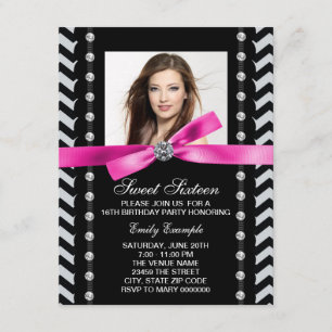 Invitación Fiesta de cumpleaños Sweet 16 rosa y negro con pat