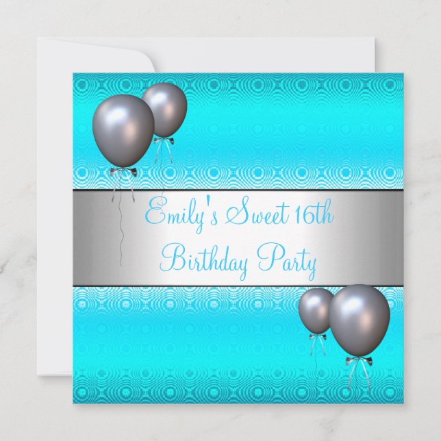 Invitación Fiesta de Cumpleaños Sweet 16th Globo de Plata Aqu (Anverso)