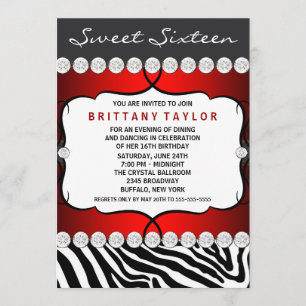 Invitación Fiesta de cumpleaños Sweet Sixteen cebra roja