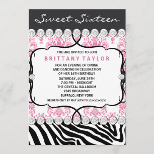 Invitación Fiesta de cumpleaños Sweet Sixteen con damasco ros