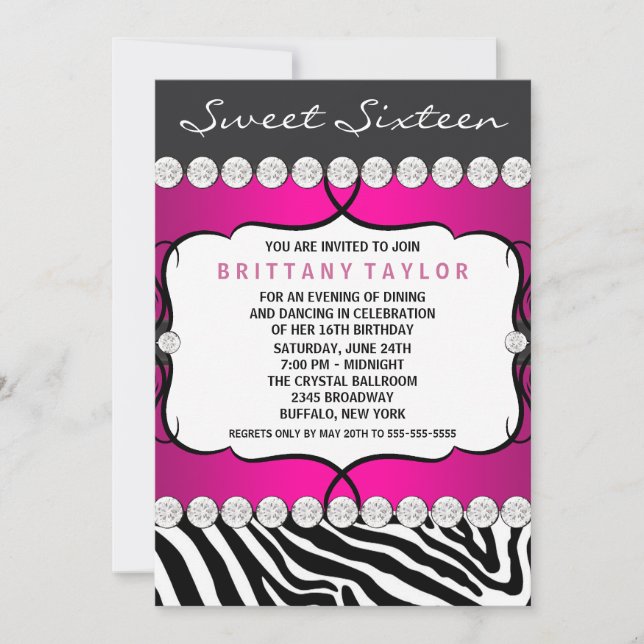 Invitación Fiesta de Cumpleaños Sweet Sixteen de Cebra Rosa C (Anverso)