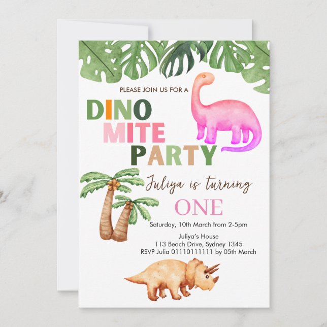 Invitación Fiesta de cumpleaños t-rex de Dino-mite rosa (Anverso)