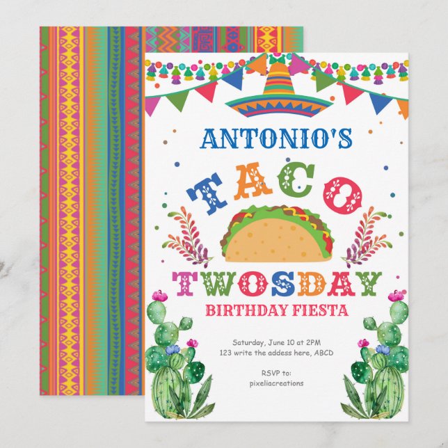 Invitación Fiesta de cumpleaños, Taco dos días, niño de segun (Anverso / Reverso)