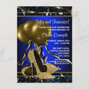 Invitación Fiesta de Cumpleaños Tacón Alto Azul y Dorado de M