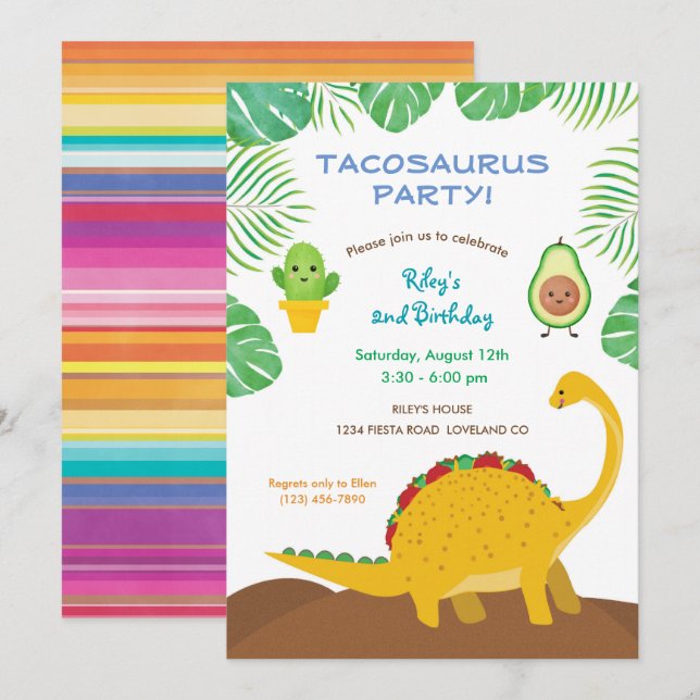 Invitación Fiesta de cumpleaños Tacosaurus - dinosaurio y tac (Anverso / Reverso)