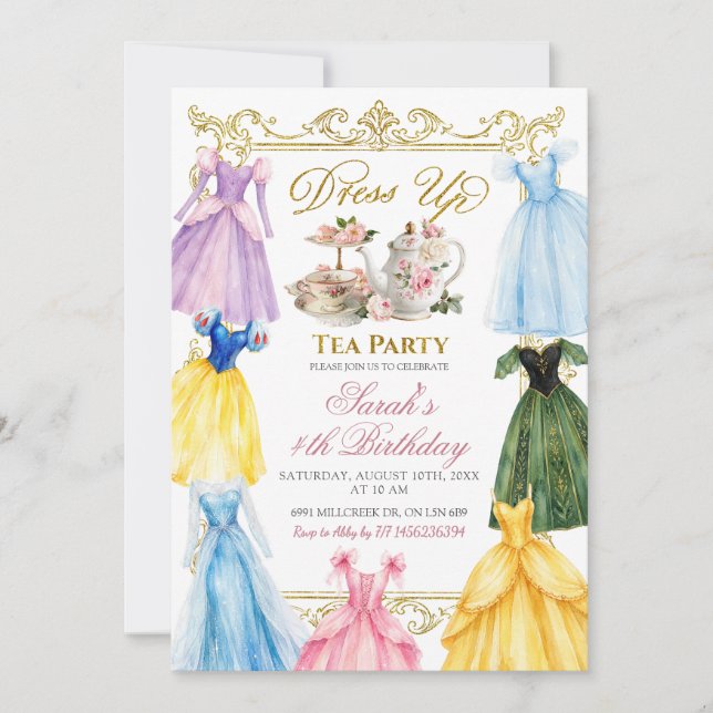 Invitación Fiesta de Cumpleaños Té de Disfraz de Princesa (Anverso)