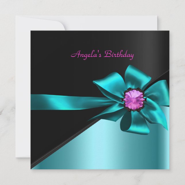 Invitación Fiesta de Cumpleaños Teal Azul Negro Rosa Lazo Joy (Anverso)