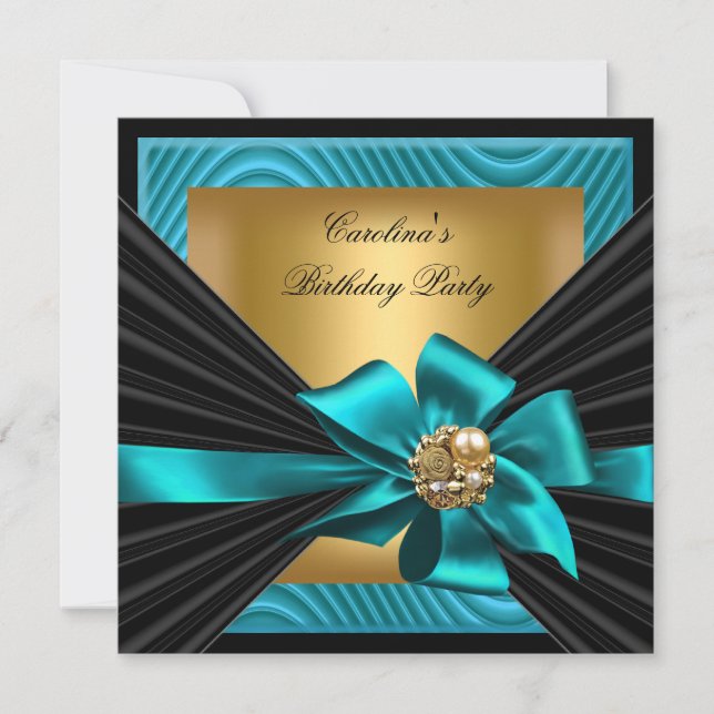 Invitación Fiesta de Cumpleaños Teal Gold Negro Ripple (Anverso)