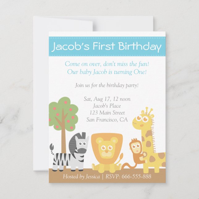 Invitación Fiesta de cumpleaños tema Animales de Safari (Anverso)