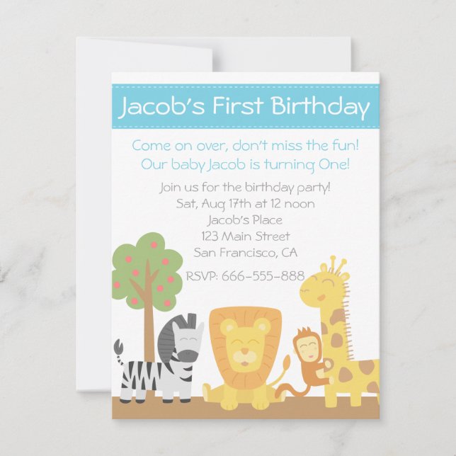 Invitación Fiesta de cumpleaños tema Animales de Safari (Anverso)