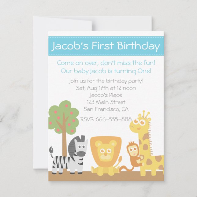 Invitación Fiesta de cumpleaños tema Animales de safari (Anverso)