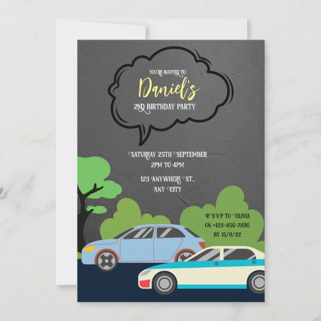 Invitación Fiesta de Cumpleaños Tema de Coches (Anverso)