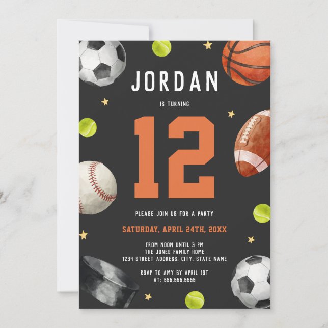 Invitación Fiesta de Cumpleaños Tema de Deportes Modernos (Anverso)