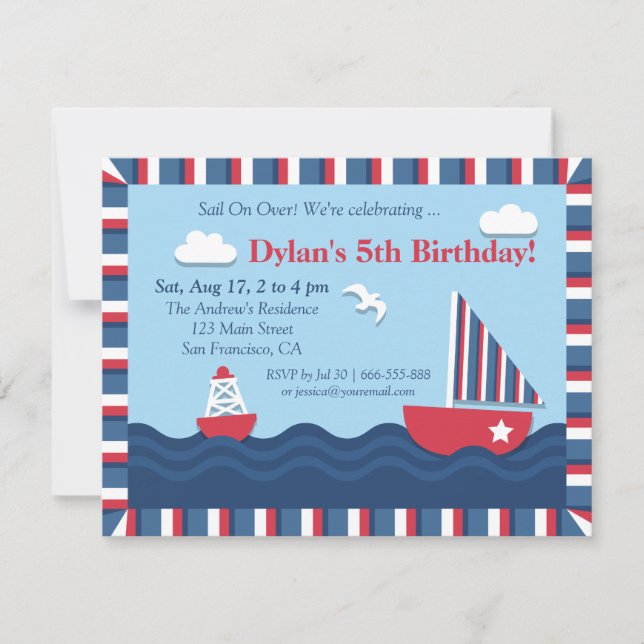 Invitación Fiesta de Cumpleaños Tema Náutico Azul Rojo Blanco (Anverso)