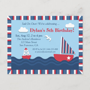 Invitación Fiesta de Cumpleaños Tema Náutico Azul Rojo Blanco