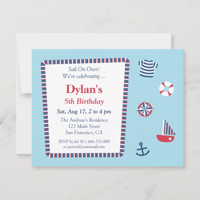 Invitación Fiesta de Cumpleaños Tema Náutico Azul Rojo Blanco (Anverso)