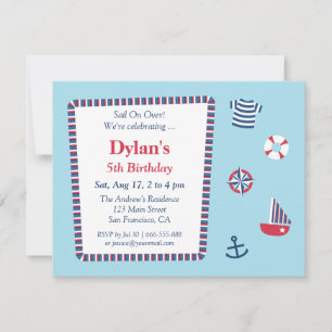 Invitación Fiesta de Cumpleaños Tema Náutico Azul Rojo Blanco