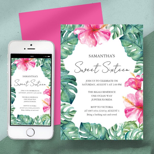 Invitación Fiesta de Cumpleaños Tema Tropical Aloha (Birthday party sweet 16 invitation tropical watercolor art and design by Victoria Grigaliunas)