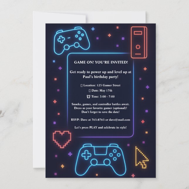 Invitación Fiesta de cumpleaños temática de arcade para niños (Anverso)