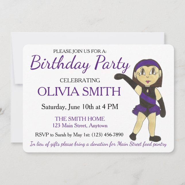 Invitación Fiesta de cumpleaños temática de baile de jazz (Anverso)