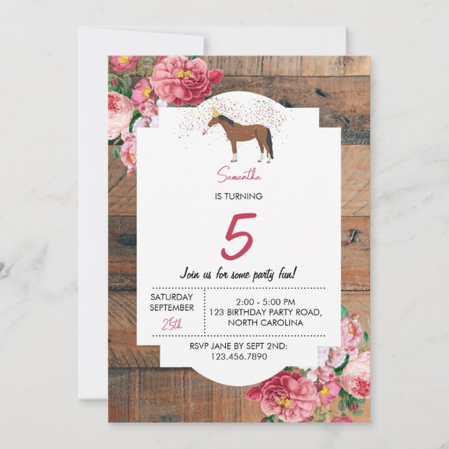 Invitación Fiesta de cumpleaños temática de caballo Floral de (Anverso)