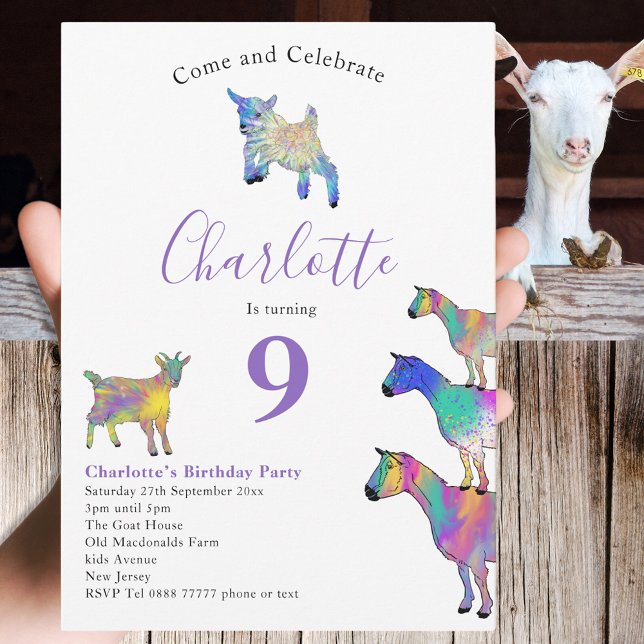 Invitación Fiesta de cumpleaños temática de cabra para amante (Cute goats colorful farm animals watercolor art 9th birthday party invitation)