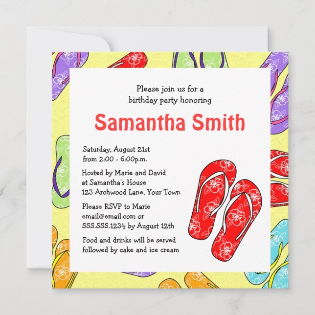 Invitación Fiesta de cumpleaños temática de Cute Flip Flop Be (Anverso)