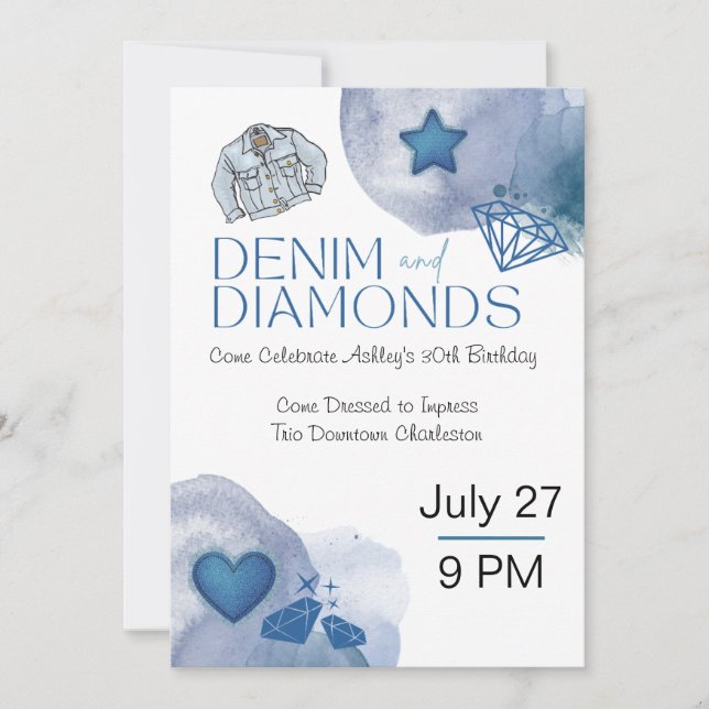 Invitación Fiesta de cumpleaños temática de denim y diamantes (Anverso)
