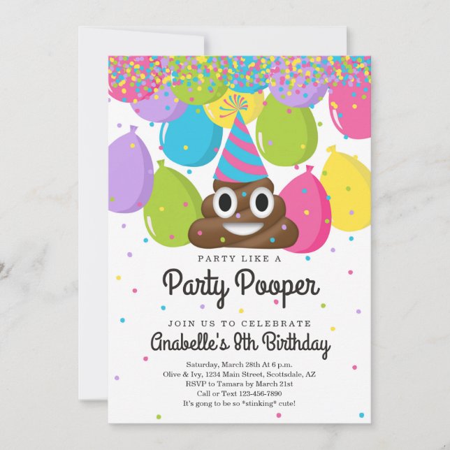 Invitación Fiesta de cumpleaños temática de Emoji de poop per (Anverso)