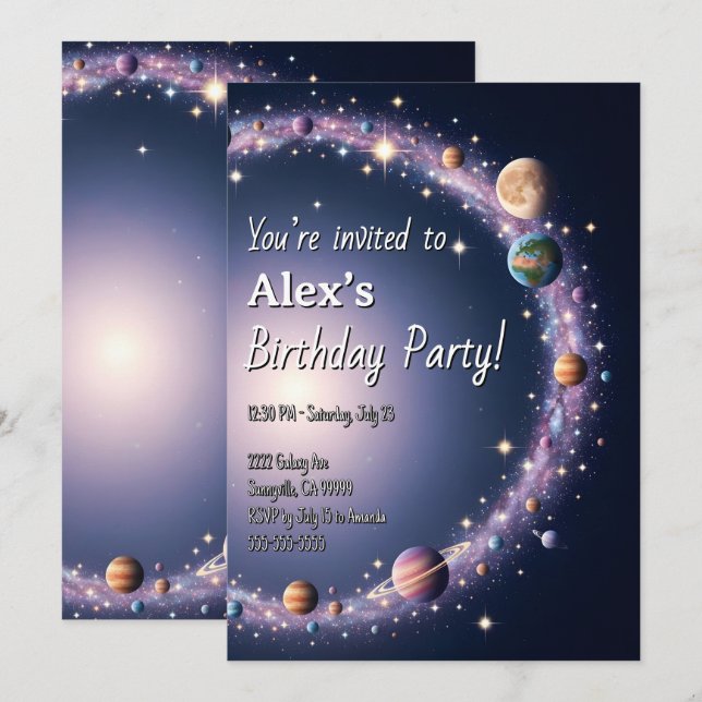 Invitación Fiesta de cumpleaños temática de espacio infantil (Anverso / Reverso)