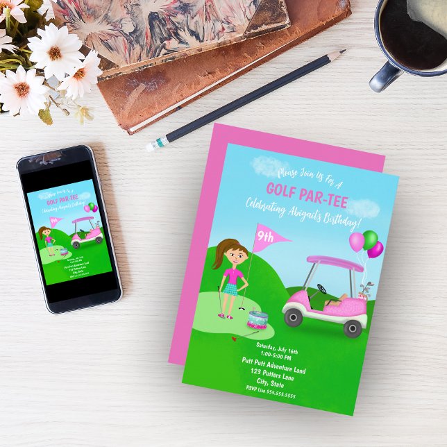Invitación Fiesta de cumpleaños temática de golf para chicas  (Celebrate your child's birthday with this fantastic golf party invitation!)