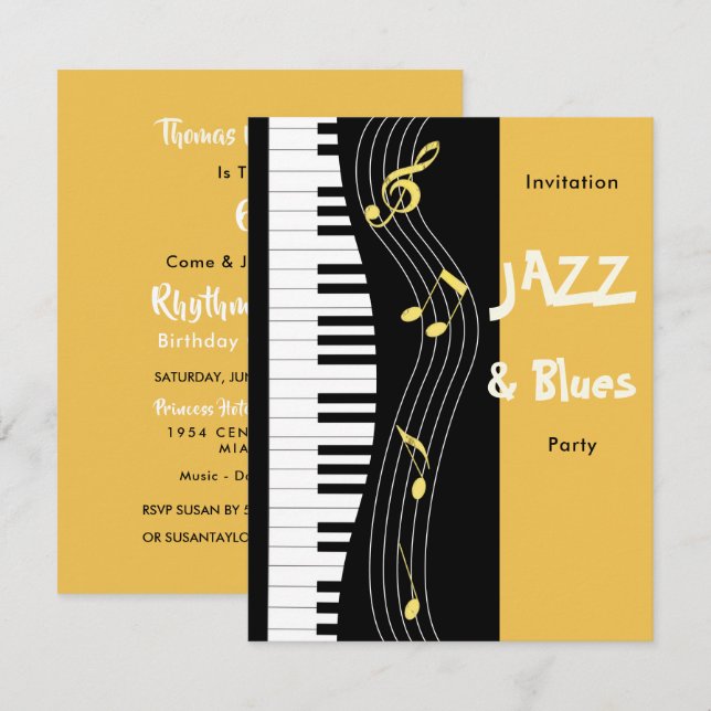 Invitación Fiesta de cumpleaños temática de Jazz y Blues (Anverso / Reverso)