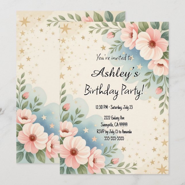 Invitación Fiesta de cumpleaños temática de la flor espacial  (Anverso / Reverso)