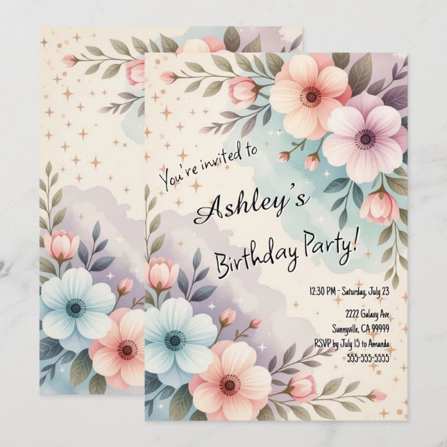 Invitación Fiesta de cumpleaños temática de la flor espacial  (Anverso / Reverso)