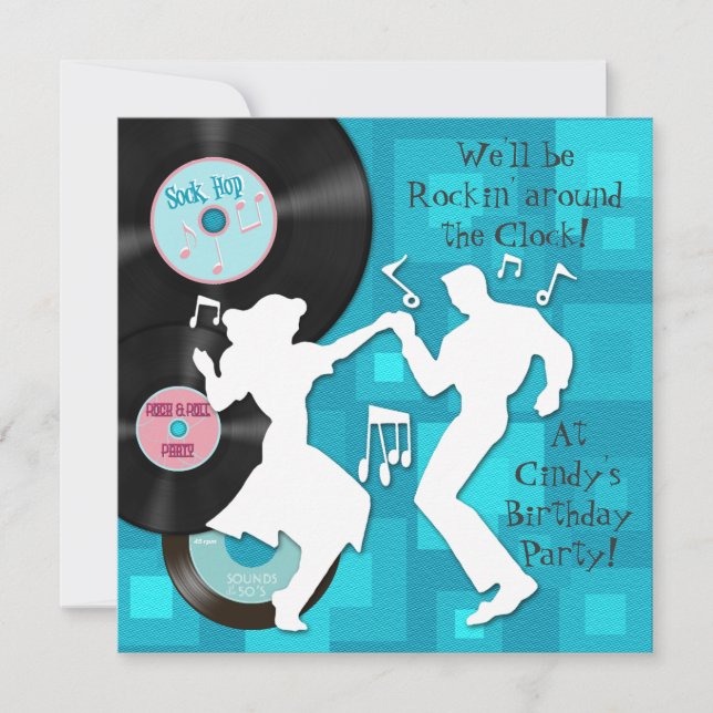 Invitación Fiesta de cumpleaños temática de los años 50 (Anverso)