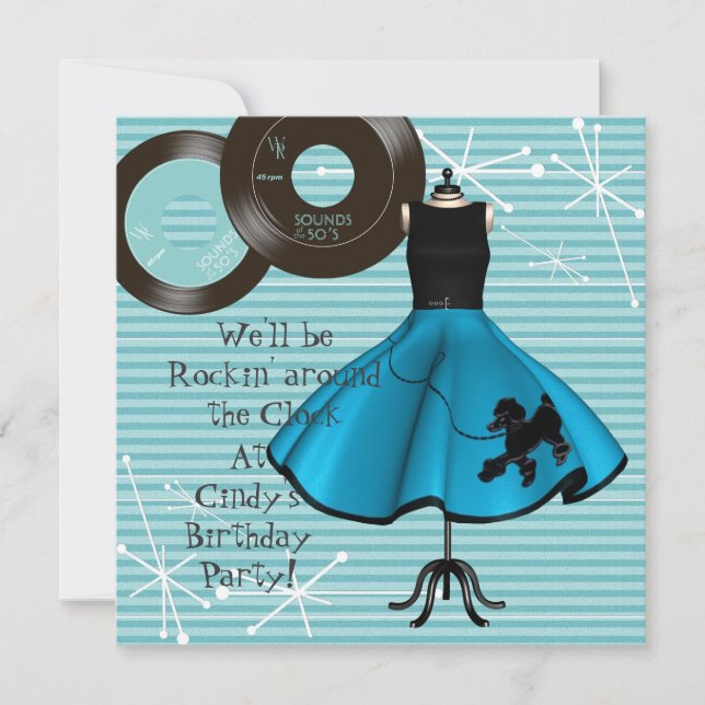 Invitación Fiesta de cumpleaños temática de los años 50 (Anverso)