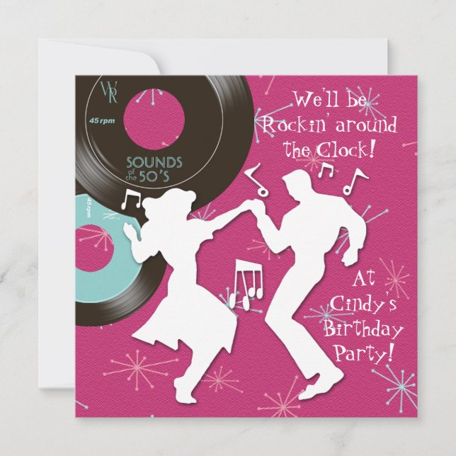 Invitación Fiesta de cumpleaños temática de los años 50 (Anverso)