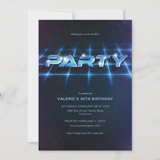 Invitación Fiesta de cumpleaños temática de los años 80 (Anverso)